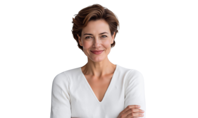 Confident and elegant mature business woman with a short hairstyle, smiling at the camera