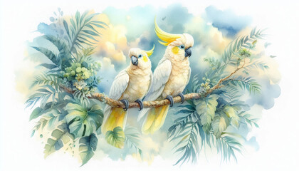 Two White Cockatoos Perched on a Tropical Branch