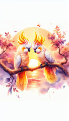 Love Birds at Dusk with Watercolor Floral Background