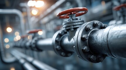 Industrial plumbing system with large valves factory interior high-detail photography industrial environment close-up view