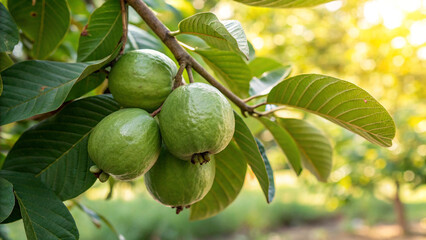 Fresh guava fruit on a branch with green leaves in the garden on tree
