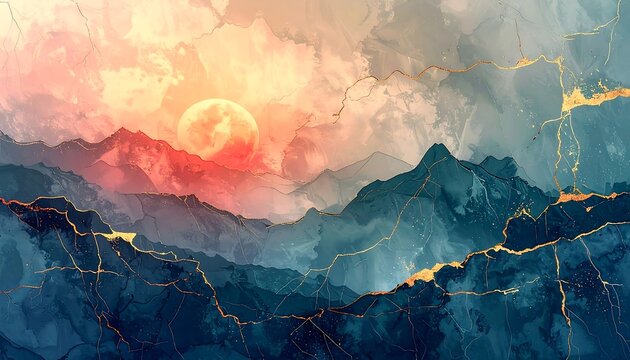 Misty blue mountains with golden cracks and a fiery sunset