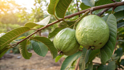 Two fresh guavas hang on a branch with green leaves in the garden