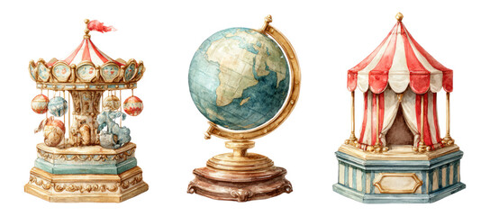 Vintage Carousel Globe and Tent Watercolor Illustration