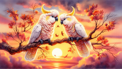 Pair of Tropical Parrots in Love under a Warm Sky