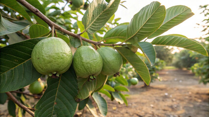 Guava fruits hanging on tree branch in the field with green leaves
