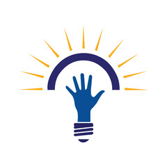 Vector art of blue hand reaching for light bulb with sun rays