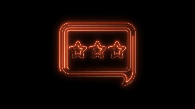 Glowing orange neon three stars in speech bubble motion graphics on black background