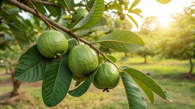 Fresh guava fruit on tree branch with green leaves in tropical garden