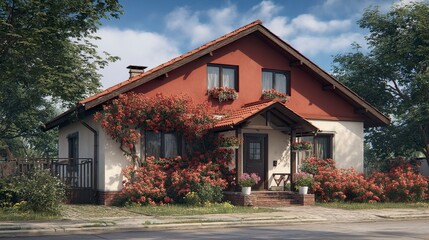Well-kept family house with warm windows and decorative shrubs, realistic 3D housing model  