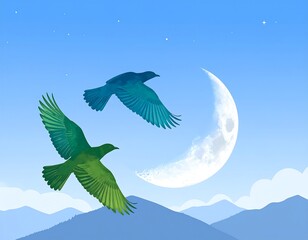 Two birds fly at night against a crescent moon over mountains