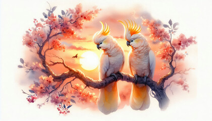 Watercolor Birds in Love with Sunset and Blossoms