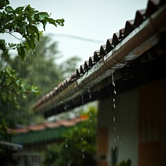 Rain Droplets Flowing from Gutter on a House Roof