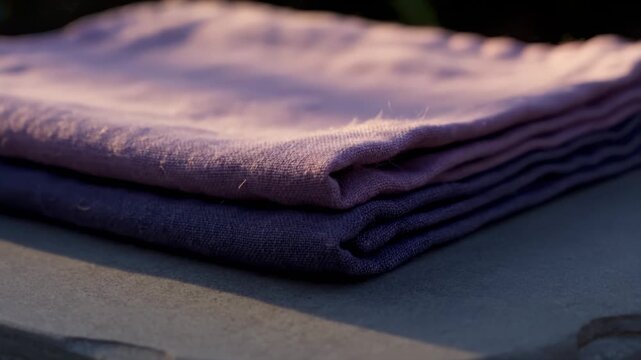 Soft Stacked Purple Linen Cloth with Gentle Sunlight Details