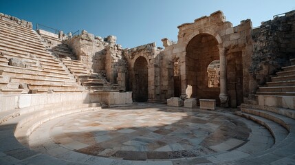 Well-preserved classical amphitheater with patterned stage floor and arched backdrop, symbol of ancient performance arts 