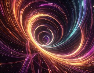 Colorful, spiraling light trails forming a tunnel in dark space