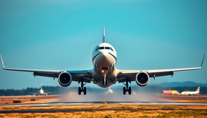 Naklejka premium Airplane ascending from runway, powerful engines roaring, sunset, ground