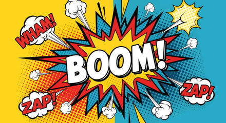 Vibrant Comic Style Explosion with Dynamic Text and Clouds on Yellow and Blue Background