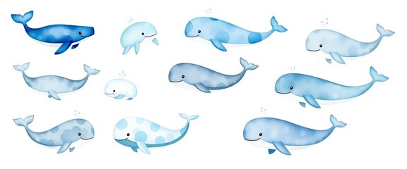 A set of whimsical watercolor whales in various shades of blue and grey, swimming playfully,   watercolour,  whimsical
