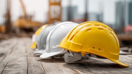 White and yellow safety helmets stacked on wooden surface with blurred construction site in the background, safety at work concept  