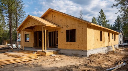 Wide-angle shot of single-story home construction site with timber framing and plywood walls 