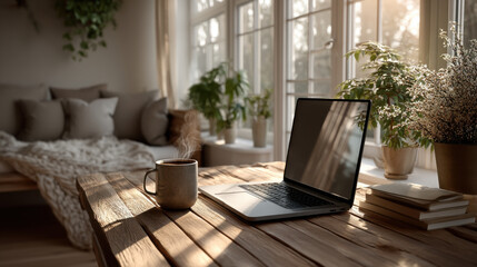 Remote working. Cozy home office with laptop on wooden table, surrounded by plants and steaming coffee cup, bathed in warm sunlight