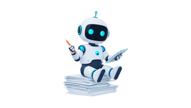 Cute robot sitting on a pile of papers, holding a pen and tablet, illustrating productivity and technology