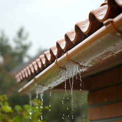 Water Dripping from Roof Gutter on Rainy Day