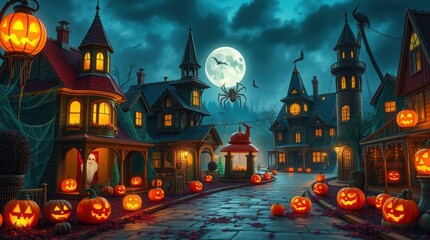Halloween town with pumpkins and full moon