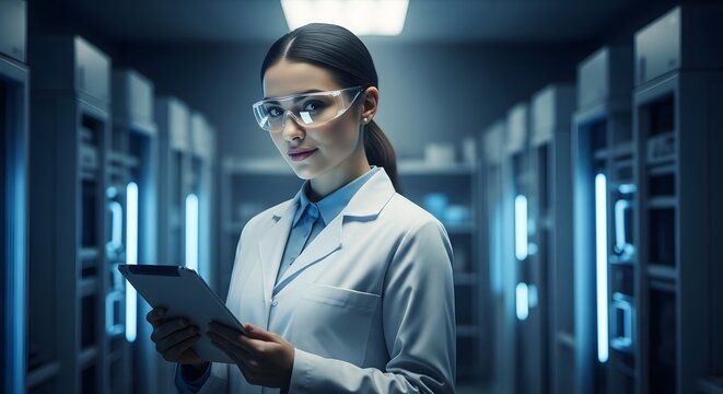 Confidently, a scientist in a lab coat and safety glasses holds a tablet, analyzing data within a modern research facility with glowing blue lights.