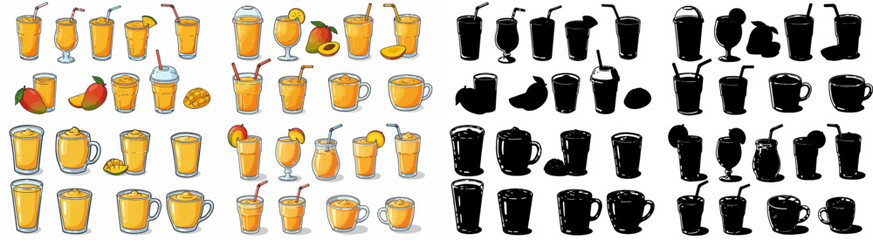 Orange juice drinks and glasses collection with transparent background