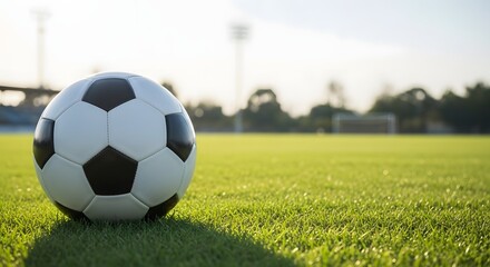 Obraz premium Iconic soccer ball resting on vibrant green grass of a stadium field, ready for game day action under soft natural light