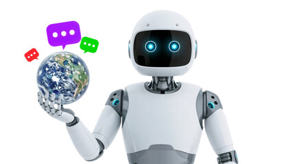 Artificial Intelligence Robot Holding the Earth with Communication Bubbles, Illustrating Global Connectivity and AI's Role in Communication