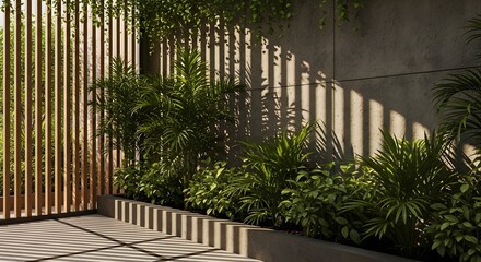 Serene modern courtyard oasis bathed in dappled sunlight, featuring lush greenery and elegant wooden screening for ultimate tranquility and privacy.