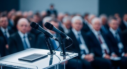 Professional conference podium with microphones and tablet awaits distinguished speakers addressing attentive audience in formal setting.