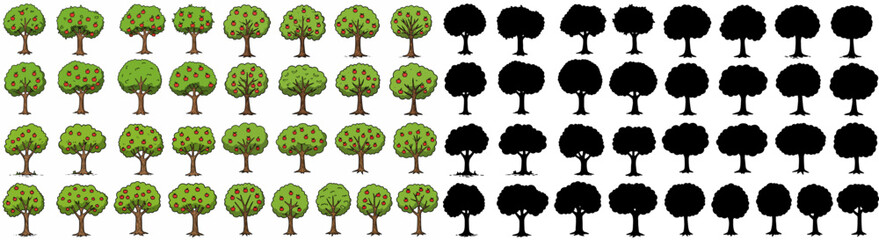 Fototapeta premium Apple trees row with black silhouettes for design