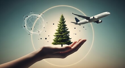 Nurturing global connections with a sustainable future, while an airplane soars towards new horizons.