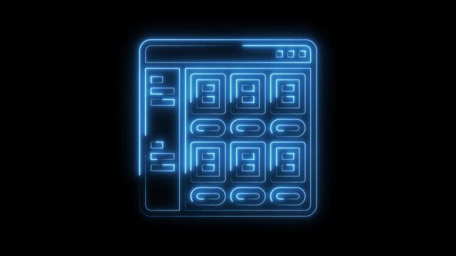 Glowing neon style browser window interface with content grid on a black background