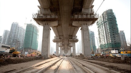 Wide-angle view of elevated railway or highway under construction with scaffolding, concrete pillars, and construction equipment  