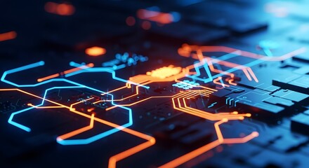 Dynamic circuit board with glowing neon blue and orange lines represents modern technology, data flow, and innovation in a futuristic digital landscape.