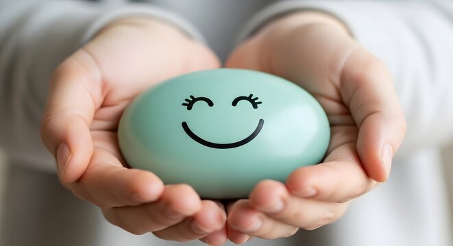 Gentle hands cradle a soothing mint green sphere adorned with a cheerful smiling face, radiating happiness and positivity