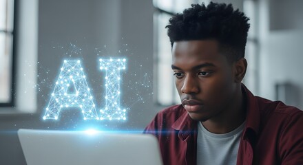 Young professional deeply engaged with luminous AI network interface glowing on laptop screen in modern workspace, future technology concept.