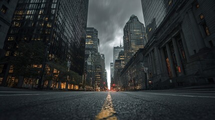 Wide-angle view of empty city street lined with tall skyscrapers under a moody sky  