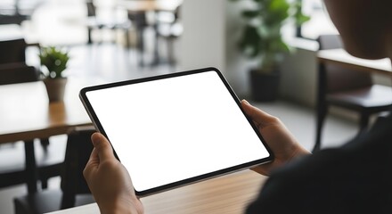 Person holding a modern tablet device displaying a blank white screen in a bright, contemporary cafe setting, perfect for digital content mockups.