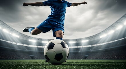 Naklejka premium Dynamic soccer player striking ball mid game action in brightly lit stadium with cheering crowd creating electric atmosphere for sports enthusiasts