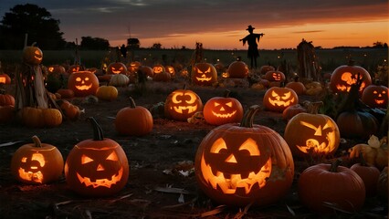 a pumpkin patch at dusk filled with an assortment of creatively carved jack o lanterns