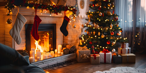 A cozy living room setting features a decorated Christmas tree illuminated by warm lights, alongside a fireplace adorned with stockings, candles, and glowing fire, creating an inviting and festive...