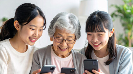 スマホを見ながら孫娘達と談笑するおばあちゃん