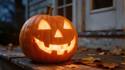 a perfectly carved grinning jack o lantern flickering with a warm 