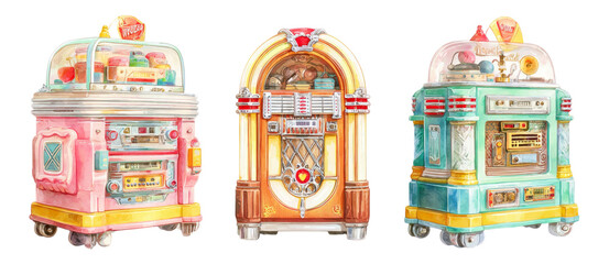 Vintage jukebox collection with playful colors and unique shapes